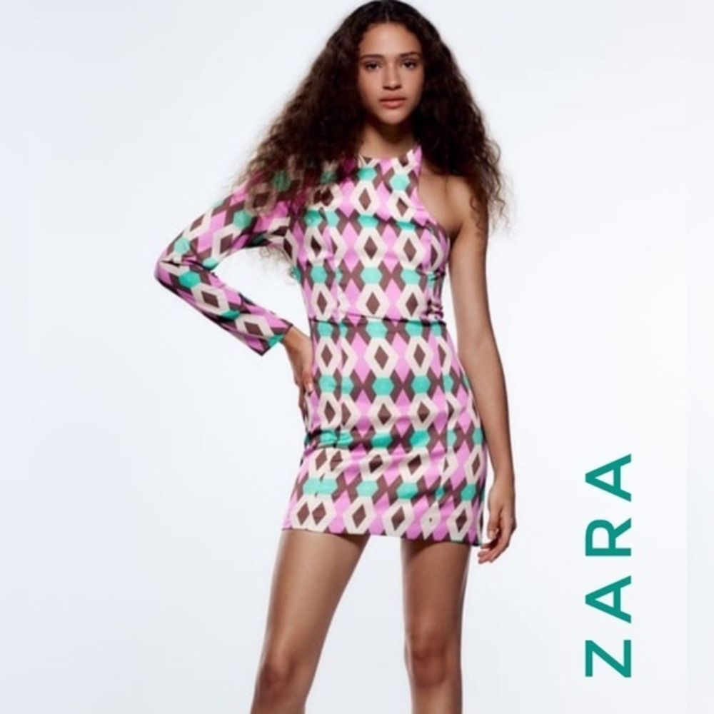 Zara‎ Retro Asymmetrical Satin Effect Print Dress Geometric Pattern